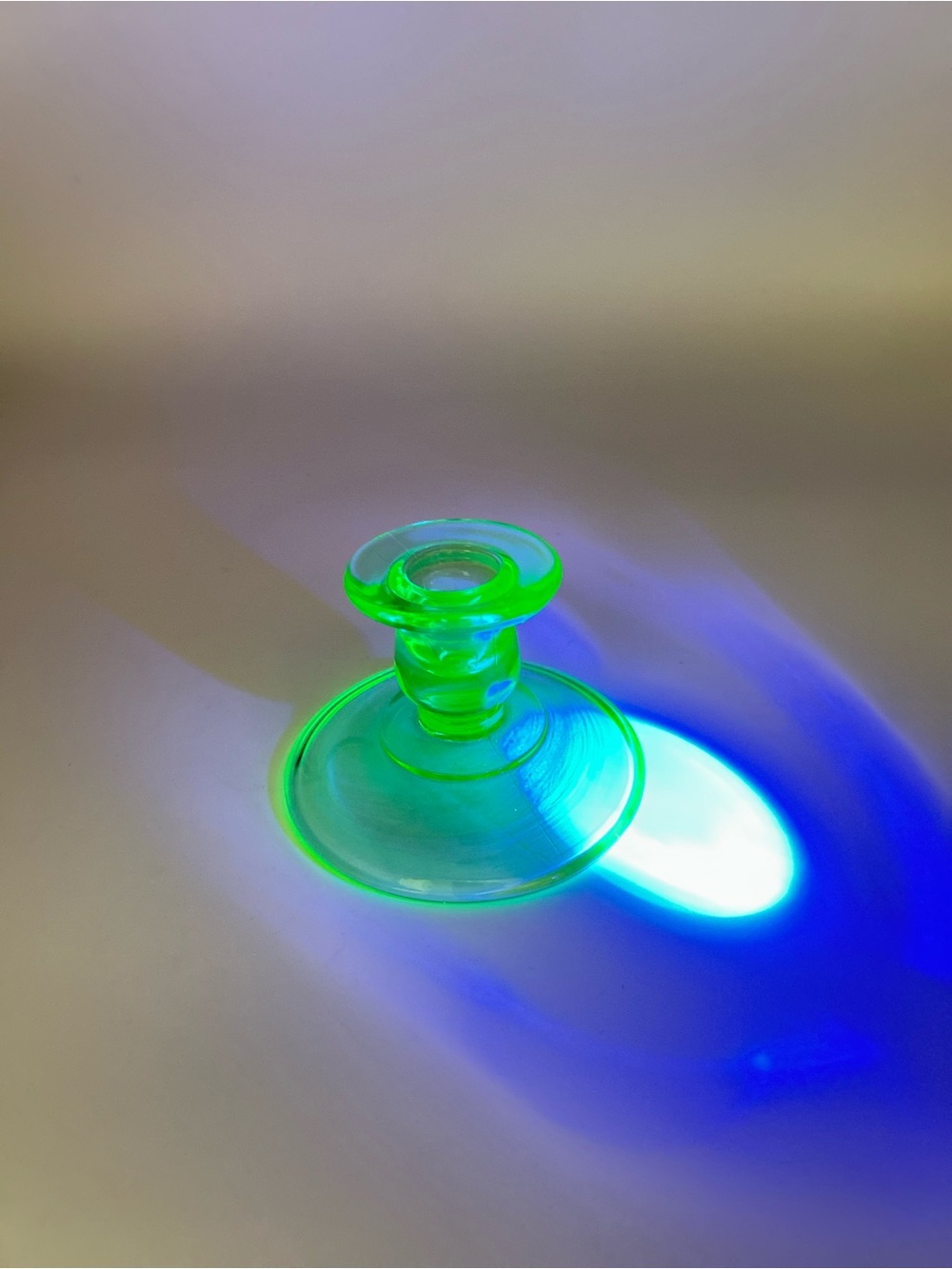 Vintage Uranium Green Depression Glass - Vaseline Glass Candlestick UV Glow EUC